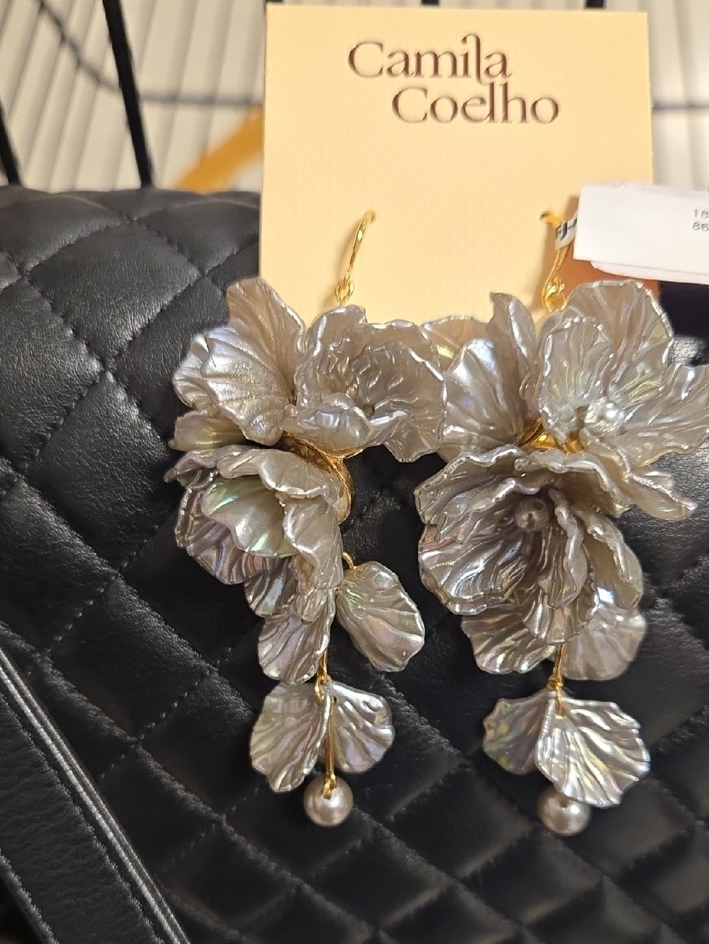 Camila Coelho Iridescent Gray Floral Drop Earrings with Pearls